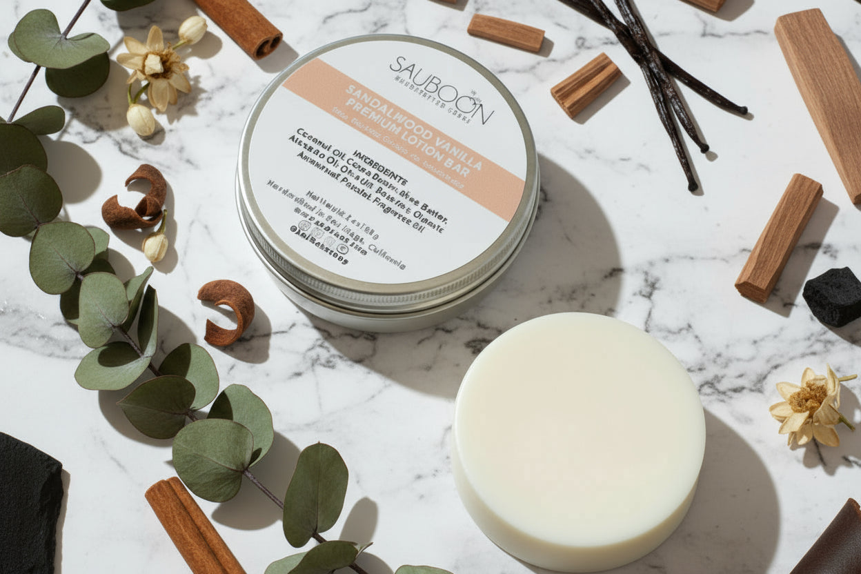 Handmade Sandalwood Vanilla lotion bar by Sauboon for dry skin hydration.  Made in San Diego using luxurious ingredients