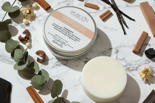 Handmade Sandalwood Vanilla lotion bar by Sauboon for dry skin hydration.  Made in San Diego using luxurious ingredients