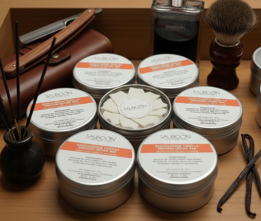 Handmade Sandalwood Vanilla lotion bar by Sauboon for dry skin hydration.  Made in San Diego using luxurious ingredients