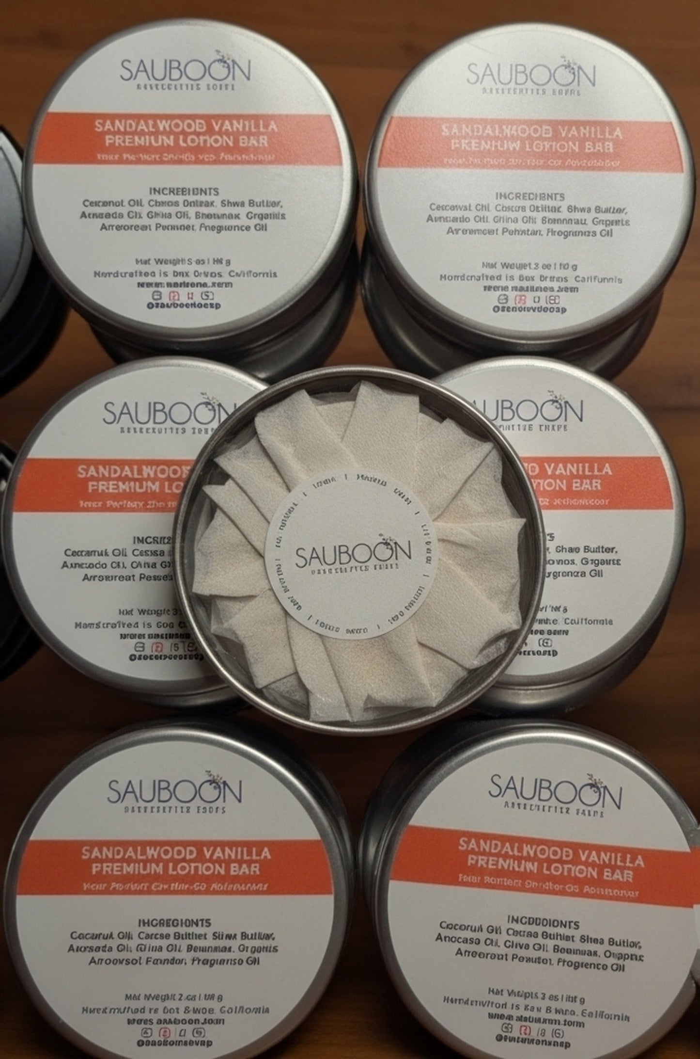 Handmade Sandalwood Vanilla lotion bar by Sauboon for dry skin hydration.  Made in San Diego using luxurious ingredients