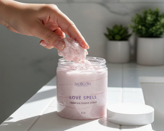 Handmade Love Spell Foaming Sugar Scrub by Sauboon for gentle exfoliation and soft skin.  Volcano Foaming Sugar Scrubs. made locally here in San Diego in small batches.  Highest quality ingredients used to give the best lather, nourishment, exfoliation and cleansing experience.  Made with organic cane sugar, jojoba oil and sweet almond oil. Great for gifting for birthdays, celebrations, bridal showers or self care gift to yourself! 