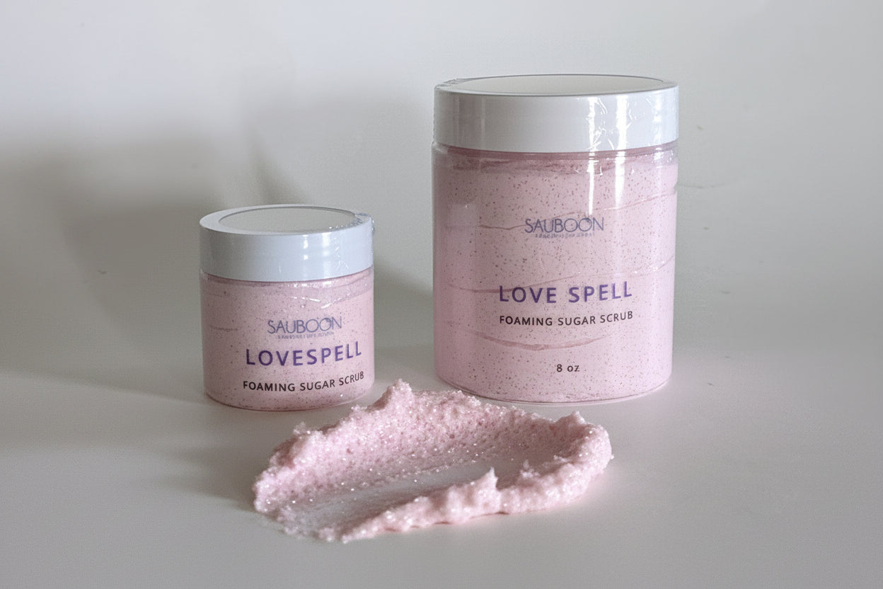 Handmade Love Spell Foaming Sugar Scrub by Sauboon for gentle exfoliation and soft skin.  Volcano Foaming Sugar Scrubs. made locally here in San Diego in small batches.  Highest quality ingredients used to give the best lather, nourishment, exfoliation and cleansing experience.  Made with organic cane sugar, jojoba oil and sweet almond oil. Great for gifting for birthdays, celebrations, bridal showers or self care gift to yourself! 